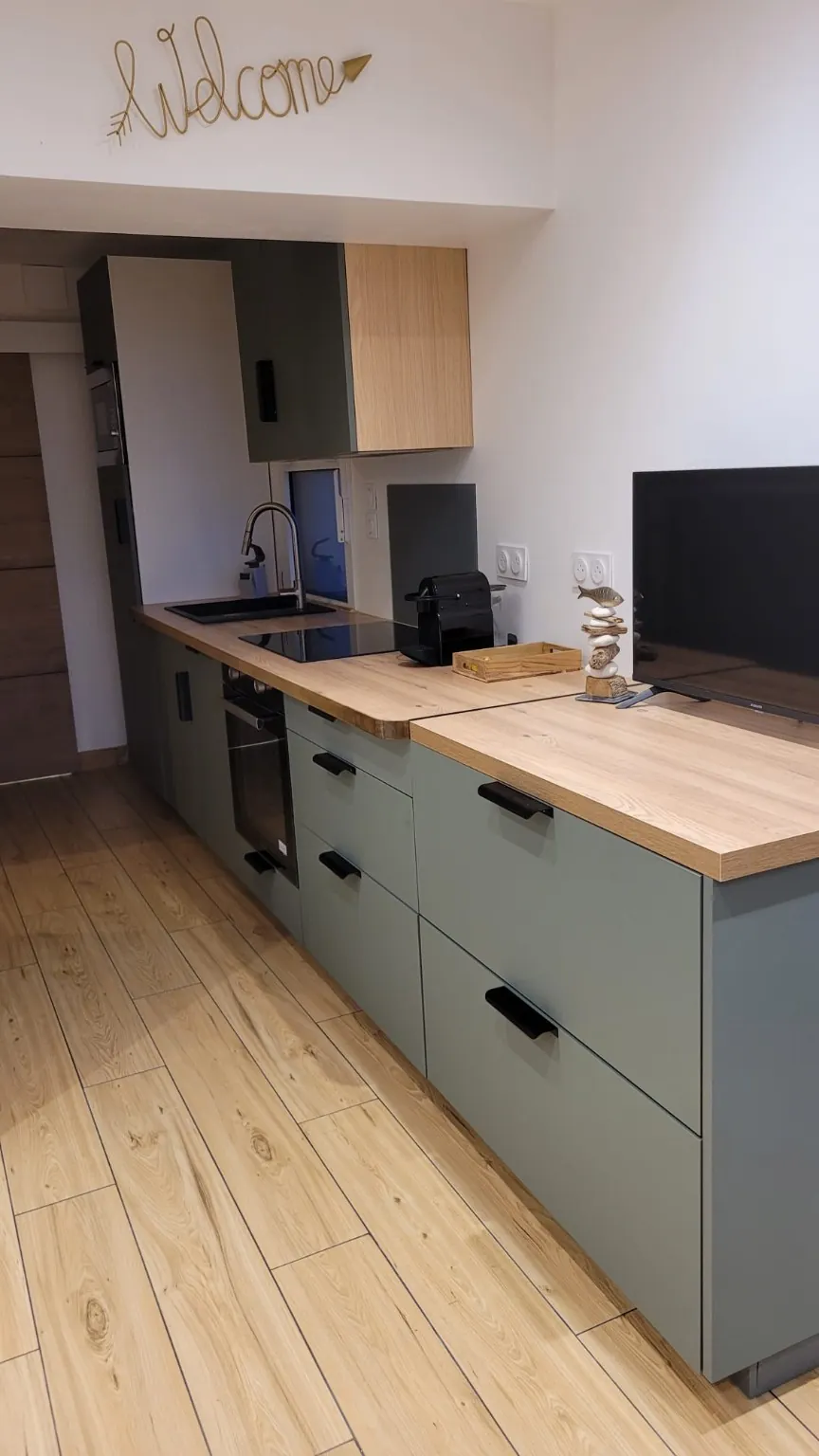 Cuisine aux façades vert sauge, plan de travail en bois, plaques de cuisson, four et cafetière.
